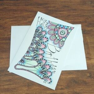 🌻 5/$20 Handmade Zentangle Card- Blue, Pink & Green-Birthday Card